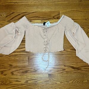 H&M Beige Lace-Up Off-Shoulder Blouse